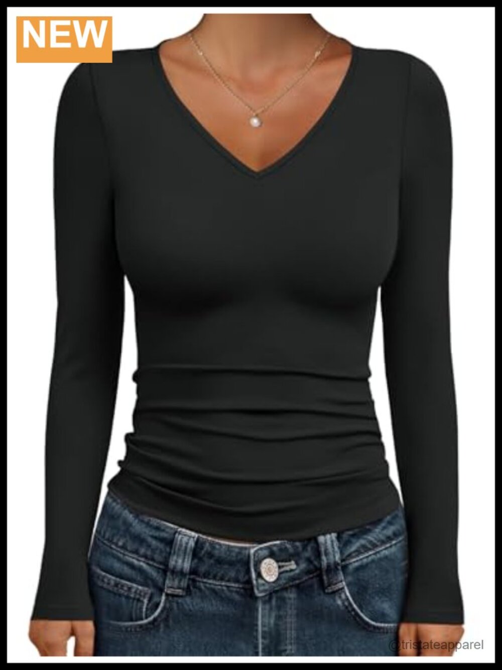 Womens Long Sleeve V Neck Slim Fitted Casual Top Y2K Basic Tee